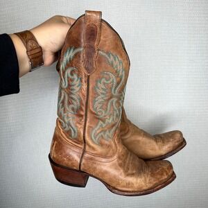 Nocona Women's Brown‎ Leather Cowboy Boots Turquoise Stitching Size 5.5 B